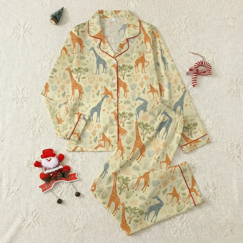 Giraffe Lovers' Whimsical Savanna Playful Giraffe Print Sleep Set Satin Pajamas Set - 1