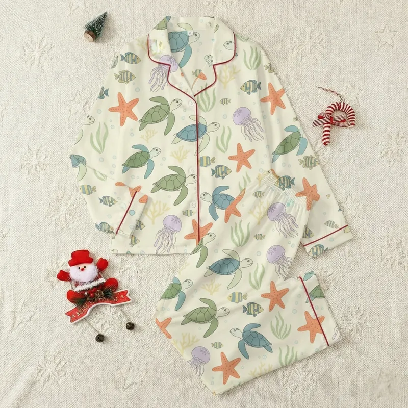 Turtle Lover Whimsical Marine Life Canvas Low Tops: Muted Ocean Ecosystem Design Satin Pajamas Set - 1