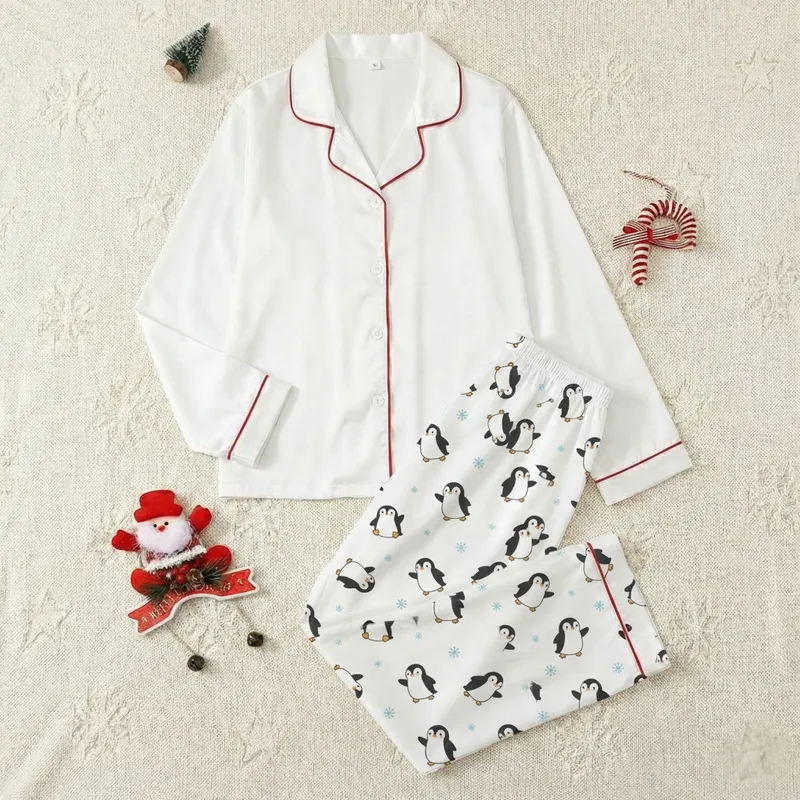 Comfy Women's Penguin Pajama Set: Whimsical Cartoon Penguins & Snowflakes Satin Pajamas Set - 1
