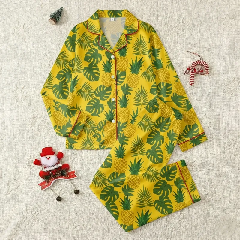 Personalized Tropical Pineapple Pattern Pajamas: Golden Yellow & Emerald Green Design Satin Pajamas Set - 1