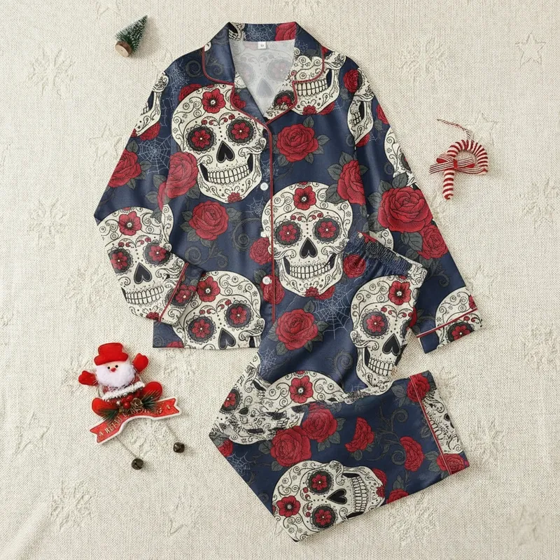 Women's Skull Lover: Intricate Sugar Skull, Rose & Spiderweb Deep Navy Print Comfort Pajamas Set Satin Pajamas Set - 1