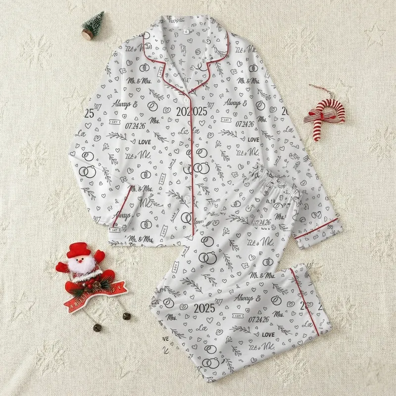 Bridal Personalized Name & Date Wedding Ring Script Canvas Platform Low Top Sneakers Satin Pajamas Set - 1