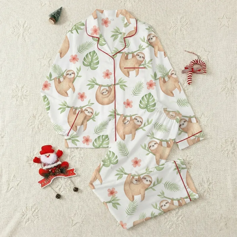 Personalized Sloth Lover Pajamas: Playful Watercolor Tropical Leaf Sleep Set for Family Satin Pajamas Set - 1