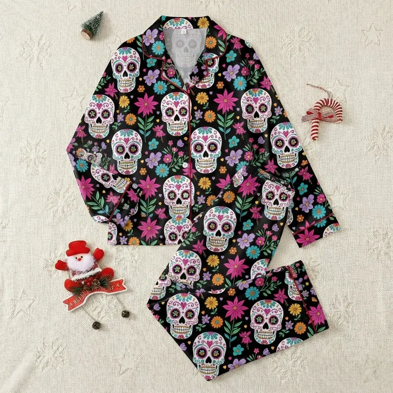 Women's Vibrant Floral Sugar Skull Canvas Shoes: Festive Day of the Dead Art Satin Pajamas Set - 1
