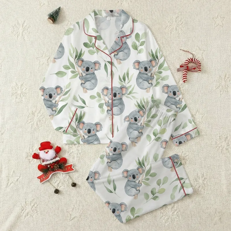 Koala Lovers Watercolor Charcoal Koala & Emerald Eucalyptus Pajamas Satin Pajamas Set - 1