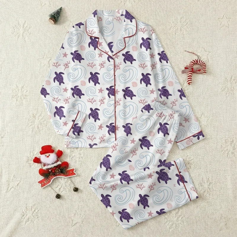 Turtle Lover: Deep Purple Sea Turtle & Ocean Coral Low Top Canvas Footwear Satin Pajamas Set - 1