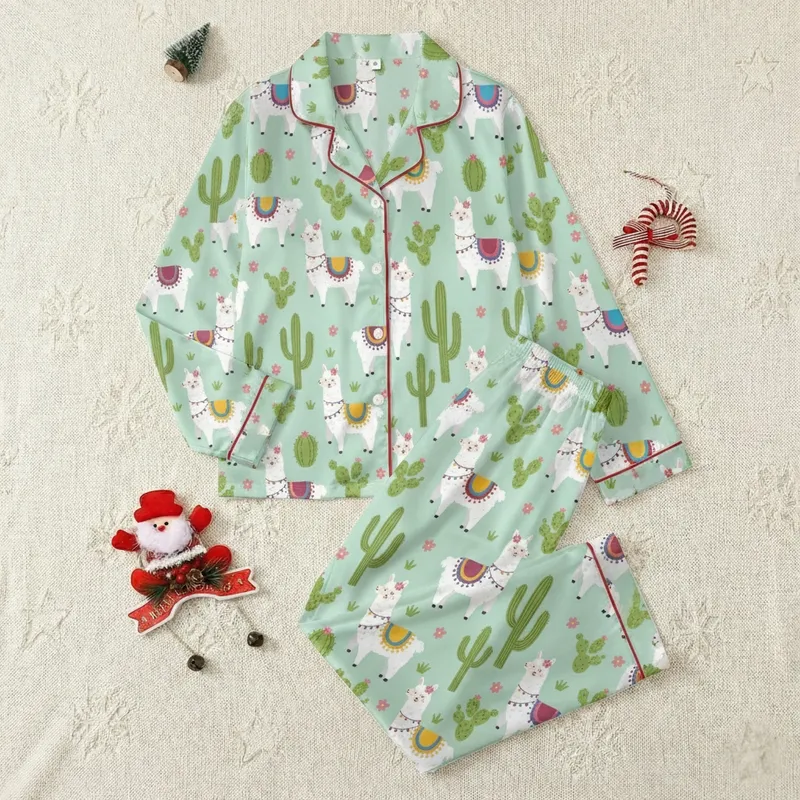 Llama Lover Gift: Whimsical Cartoon Llama & Cactus Mint Green Pajamas Satin Pajamas Set - 1