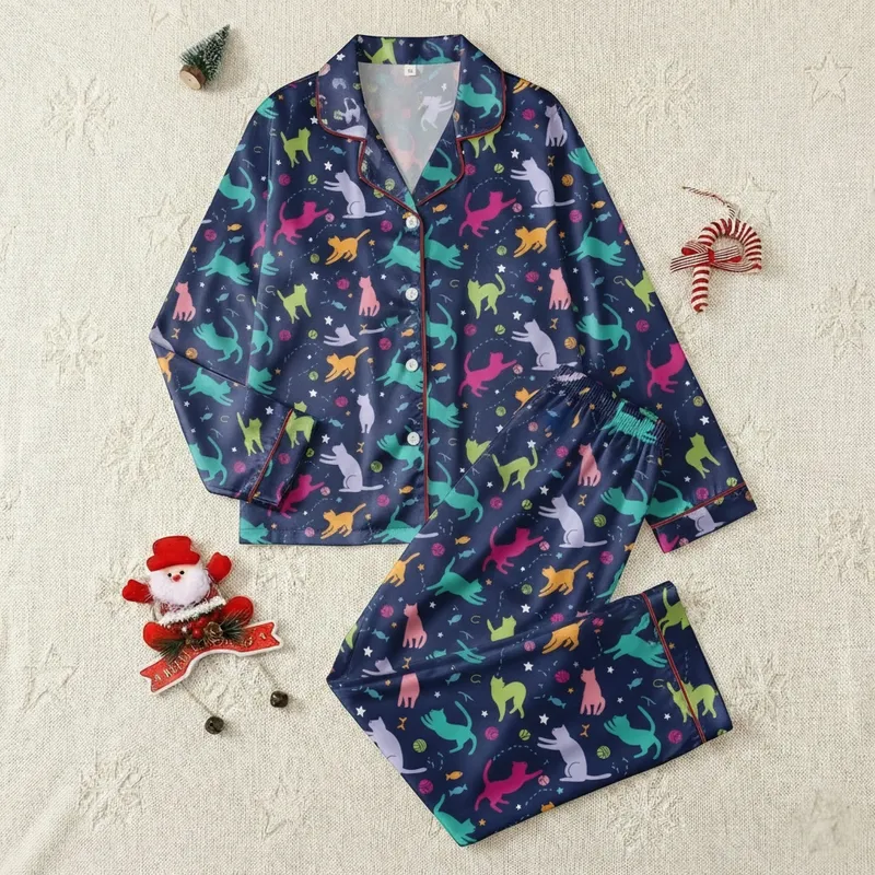 Women's & Kids' Personalized Pajamas: Playful Illustrated Cats & Yarn Balls on Navy - Colorful Sleep Set Satin Pajamas Set - 1