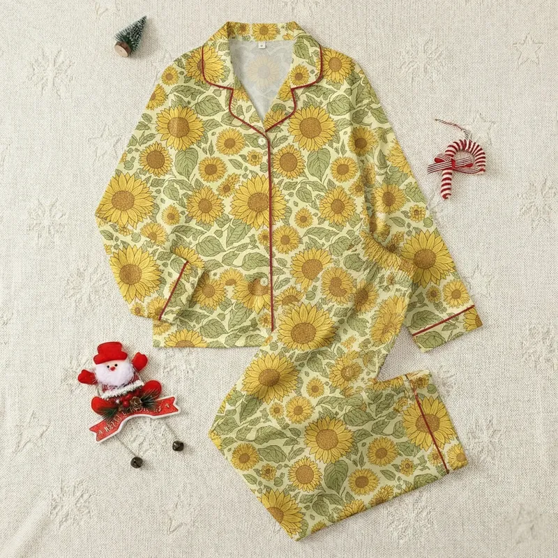 Personalized Golden Sunflower Backpack: Hand-Drawn Botanical All-Over Print Satin Pajamas Set - 1