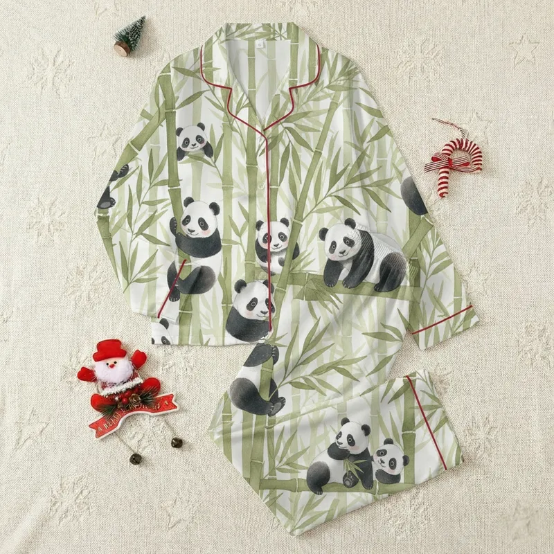 Panda Lover Whimsical Watercolor Bamboo Forest Canvas Low-Top Footwear Satin Pajamas Set - 1