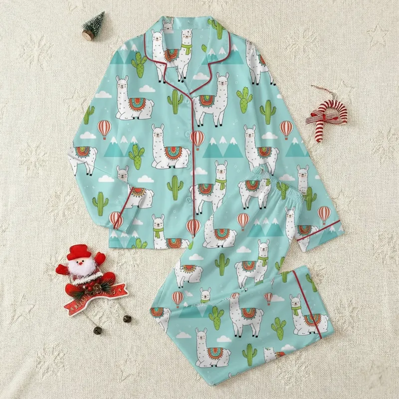 Llama Lover Personalized Pajamas: Whimsical Aqua Llama, Cactus & Balloon Pattern Satin Pajamas Set - 1