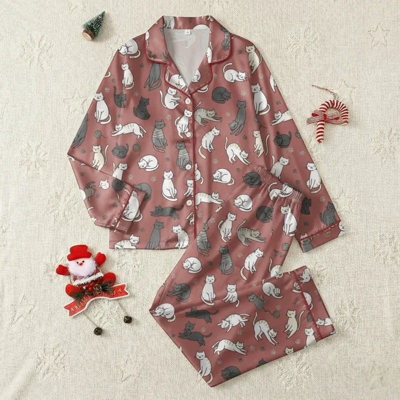 Women's & Kids' Whimsical Cat Pajamas: Hand-Drawn Illustrative Pattern - Muted Brick Red, Personalized Satin Pajamas Set - 1