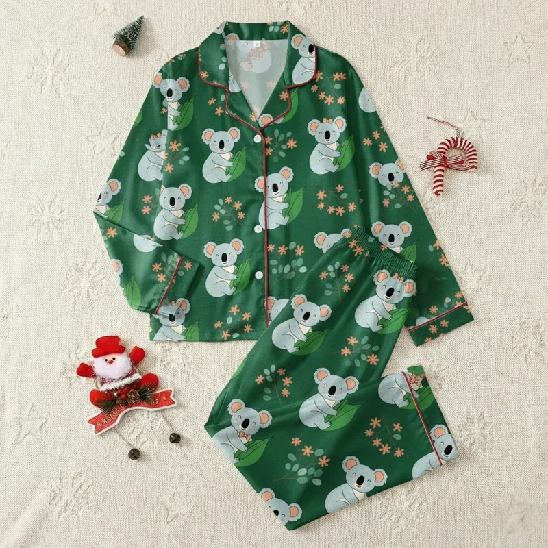 Koala Lover Whimsical Light Blue-Grey Koala & Emerald Green Eucalyptus Pajama Set Satin Pajamas Set - 1
