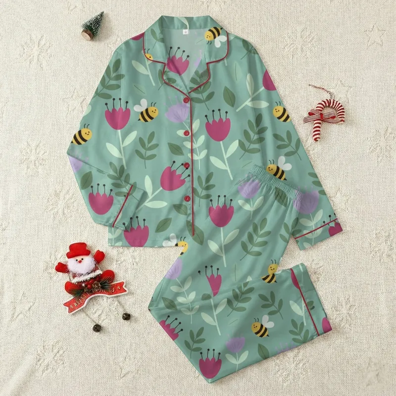 Women's & Kids' Honeybee Pajamas: Teal Floral Print with Magenta & Lavender Botanicals Satin Pajamas Set - 1