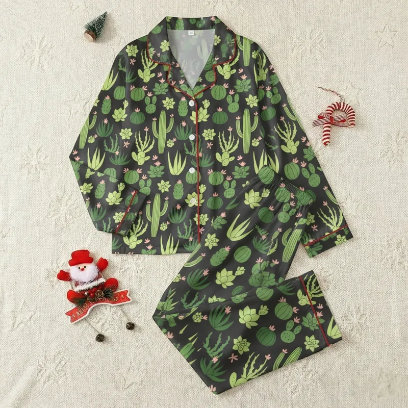 Women's & Kids' Whimsical Succulent Pajamas: Dark Grey Cactus Plant Pattern Sleep Set Satin Pajamas Set - 1