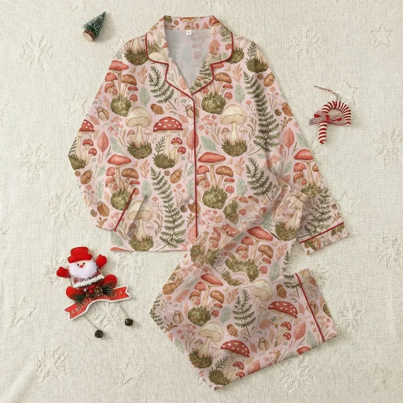 Pink Mushroom Shower Curtain: Cottagecore Woodland Botanical Art, Retro Boho Ferns, Polyester Satin Pajamas Set - 1