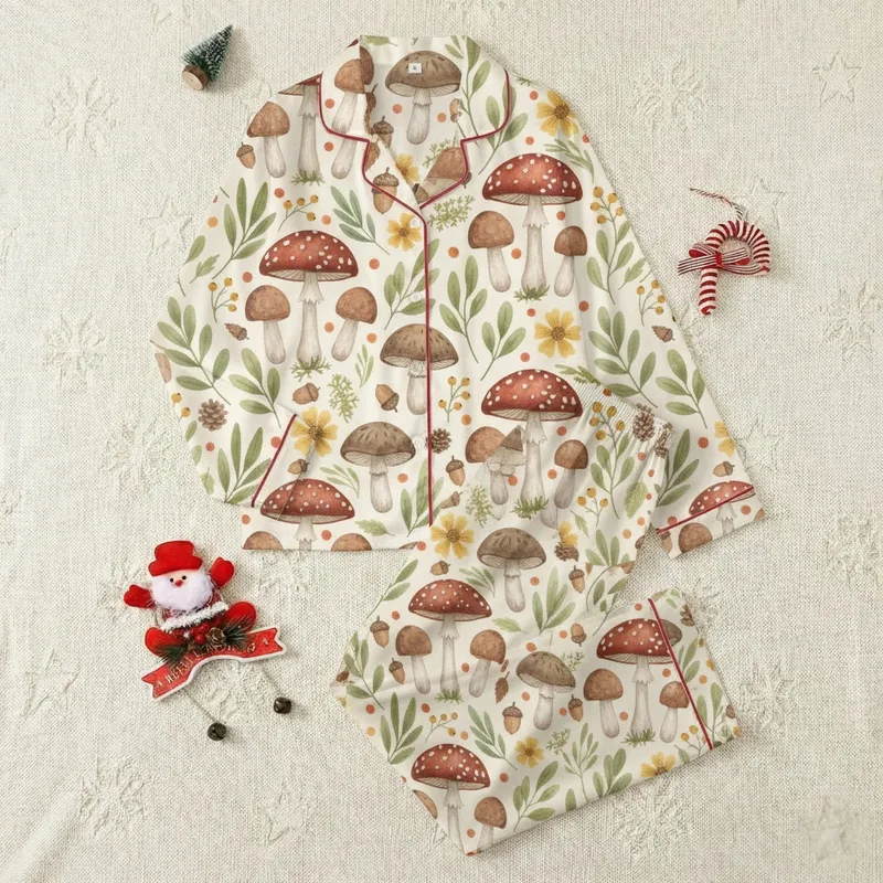 Women's Cottagecore Mushroom Pajamas: Botanical Amanita & Moss Woodland Sleep Set Satin Pajamas Set - 1