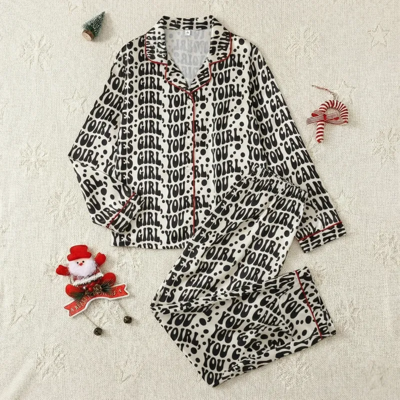 Women's 'Yes Girl You Can' Groovy Black Text Cream Empowerment Pajama Set Satin Pajamas Set - 1