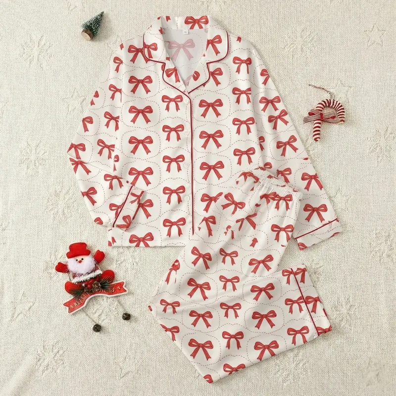 Children's Nutcracker Clara: Hand-Drawn Red Bow & Stitch Soft Knit Loungewear Satin Pajamas Set - 1