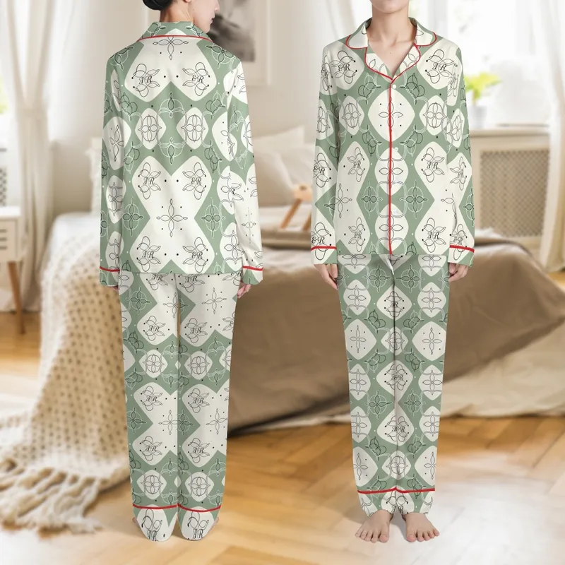 Bridesmaid & Bridal Party Silky Satin Sleep Set: Personalized Sage Monogram Loungewear Satin Pajamas Set - 1