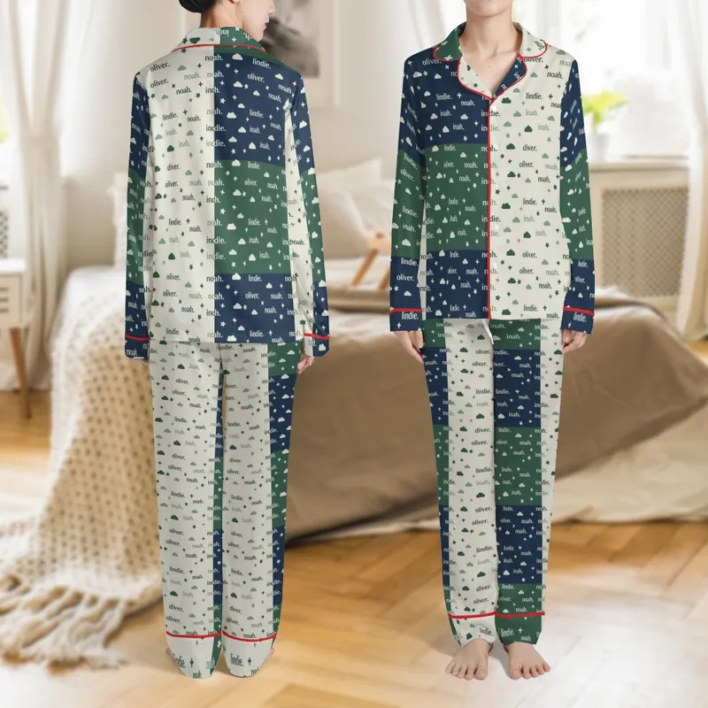 Personalized Family Matching Pajamas: Custom Name Star Cloud Cotton Loungewear Set Satin Pajamas Set - 1