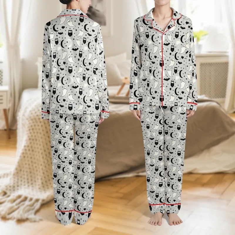 Whippet Dog 4-Leg Onesie: Whimsical Ghost Bat Owl Stars Pattern - Light Greige Satin Pajamas Set - 1