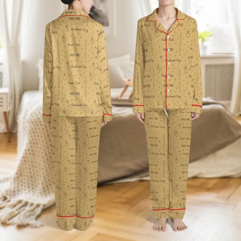 Personalized Bridesmaid Satin Pajamas: Bachelorette Party & Bride Tribe Line Art Sleep Set Satin Pajamas Set - 1