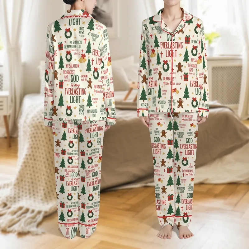 Christian Family Christmas Pajamas: Hand-Drawn Bible Verse & Festive Holiday Pattern Sleep Set Satin Pajamas Set - 1