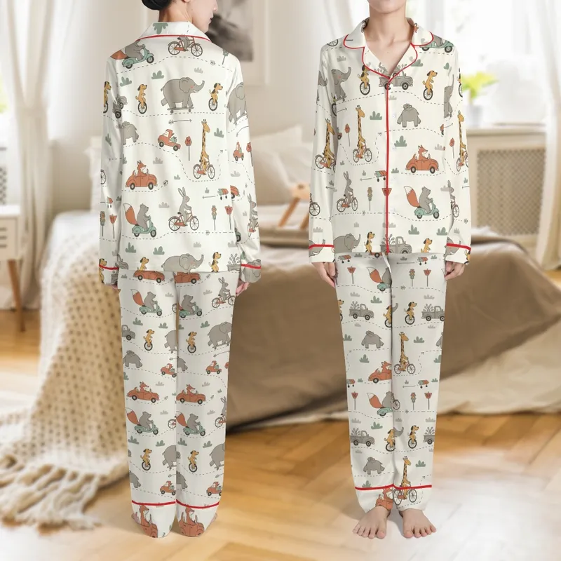 Toddler Bamboo Cotton Pajamas: Whimsical Animal Highway Design - Long Sleeve Sleep Set Satin Pajamas Set - 1