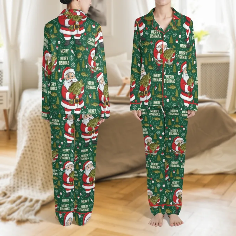 Fisherman Bass Angler Christmas Pajamas: Merry Fishmas Santa & Bass Pattern Sleepwear Satin Pajamas Set - 1
