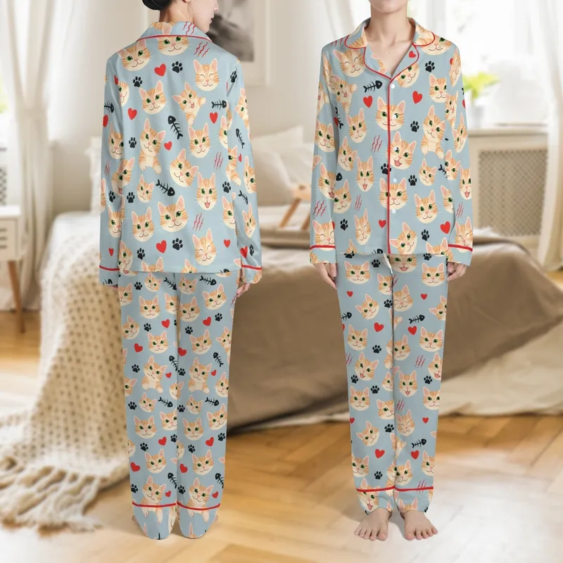 Personalized Women's Satin Pajama Set: Happy Tabby Cat Faces, Red Hearts & Paw Prints on Blue-Grey Satin Pajamas Set - 1