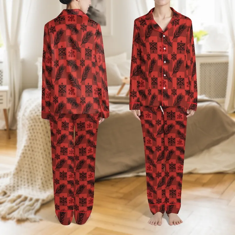 Family Celebrations Traditional Rustic Red Black Buffalo Plaid Pine Branches Berries Snowflake Graphic Satin Pajamas Set - 1