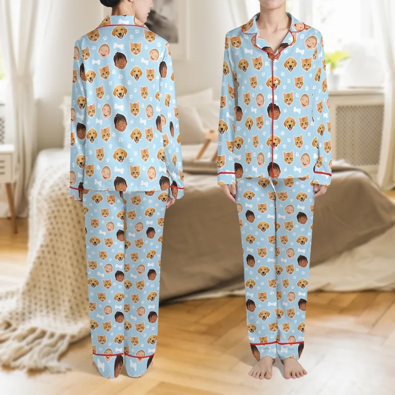 Kids' Whimsical Pastel Blue Puppy Kitten Child Faces Bone Paw Print Pattern Satin Pajamas Set - y6ws7_asle