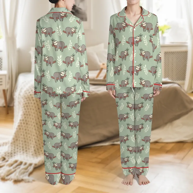 Adult Personalized Sloth Pajama: Funny Cartoon Sage Green Leaf Print Loungewear Satin Pajamas Set - 1