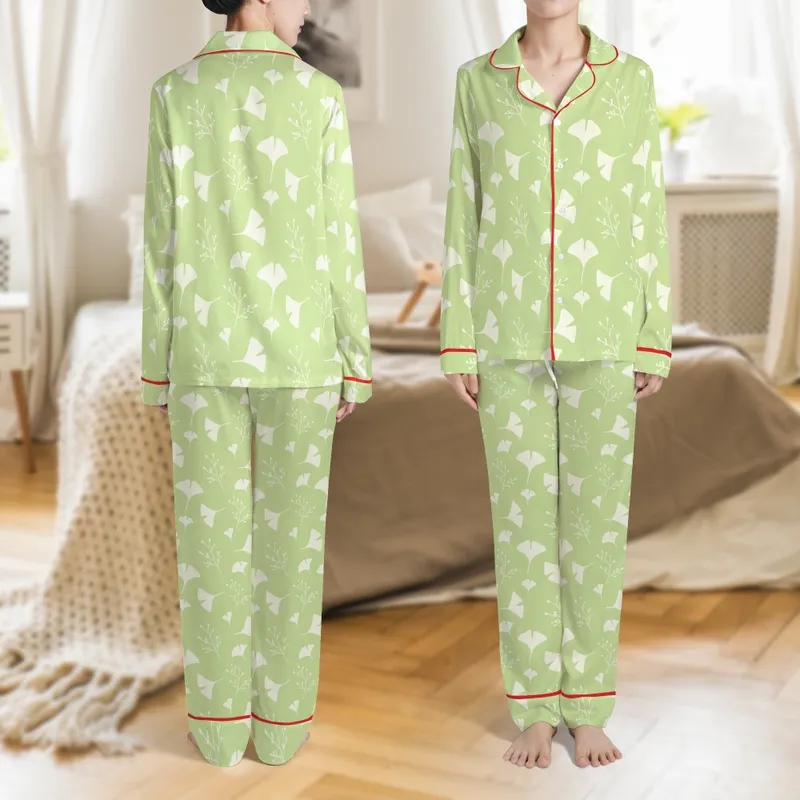 Women's Tailored Organic Cotton Loungewear Set: Abstract Botanical Ginkgo, Lime Green Cream Plus Size Sleepwear Satin Pajamas Set - 1