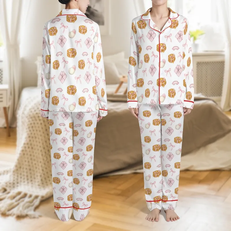 Girls' Watercolor Pancakes & Pink Bow Pajamas Sleep Set Satin Pajamas Set - 1