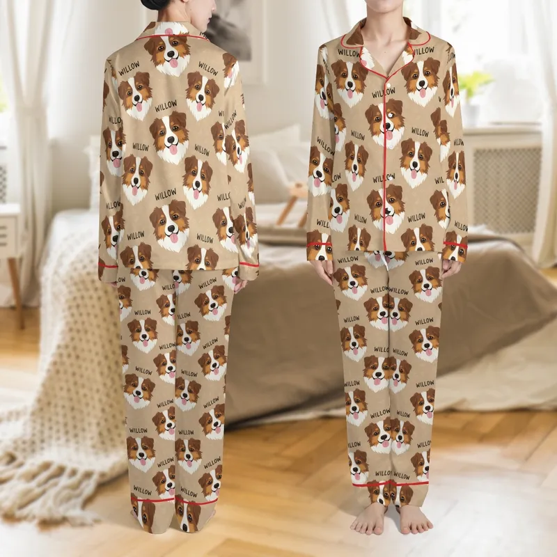 Personalized Pet Photo Pajamas: Custom Dog & Cat Name Portrait Pattern, Soft Brushed Polyester Sleepwear Satin Pajamas Set - 1