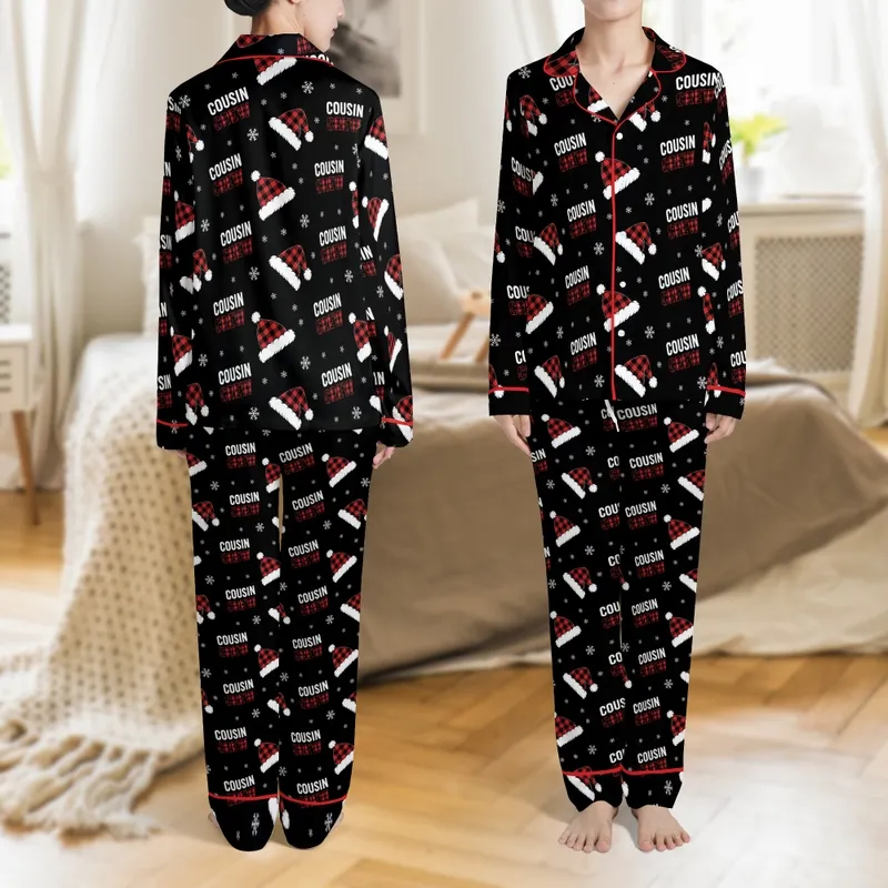 Cousin Crew Holiday Buffalo Plaid Santa Hat Snowflake Sleepwear Satin Pajamas Set - 1