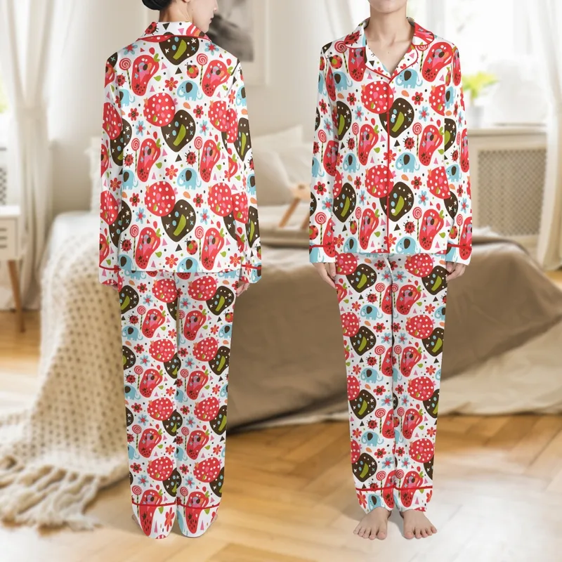 Kids' Whimsical Elephant Mushroom Lollipop Polka Dot Doodle Pattern Bright Red Orange Sky Blue Satin Pajamas Set - 1
