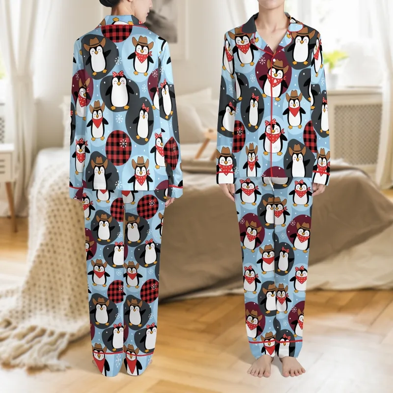 Family & Couples Personalized Penguin Cowboy Hat Plaid Snowflake Flannel Sleepwear Set Satin Pajamas Set - 1