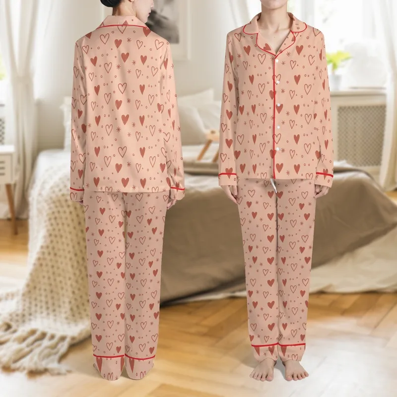 Women's Muted Peach Pink Hearts & Stars Terracotta Print Classic Collar Pajama Set Satin Pajamas Set - 1