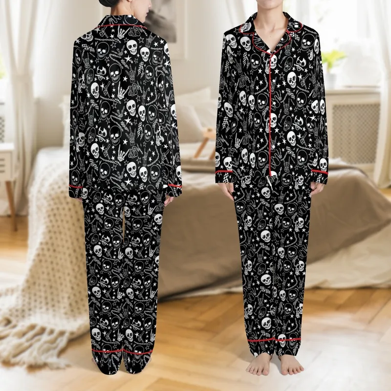 Kids Spooky Skull Pajamas: White Grunge Checkerboard Lightning Bolt Sleep Set Satin Pajamas Set - 1