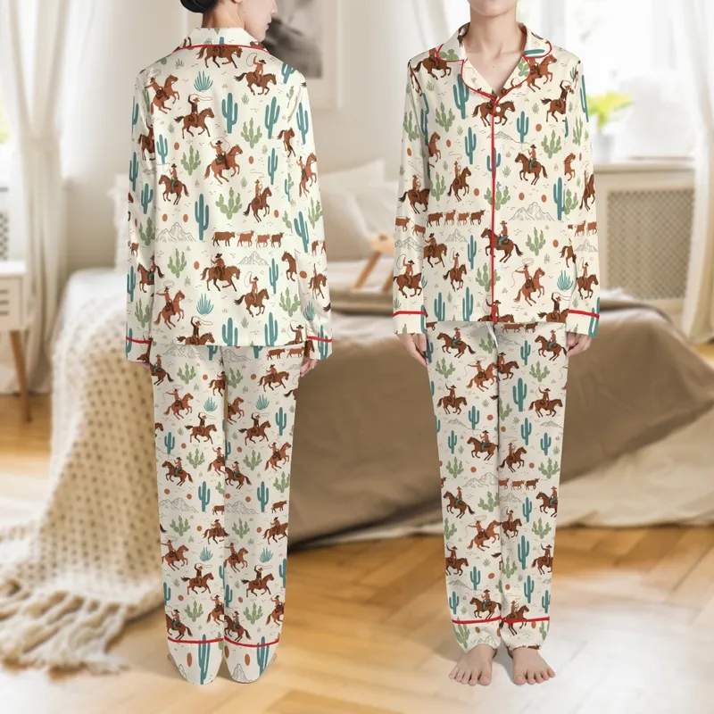 Western Santa Family: Illustrative Horse, Teal Cacti Desert Pattern - Matching Holiday Sleepwear Satin Pajamas Set - 1