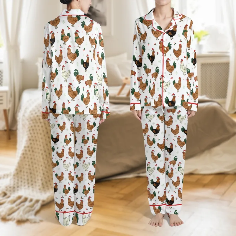 Family Farm Holiday Sleepwear: Merry Chickmas Chicken & Rooster All-Over Print - Polyester Spandex Set Satin Pajamas Set - 1