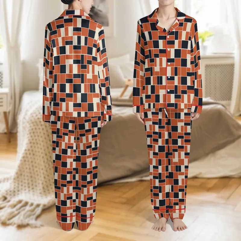 Women's Personalized Geometric Rust Orange Silky Short Sleeve Long Pants Pajamas Satin Pajamas Set - 1