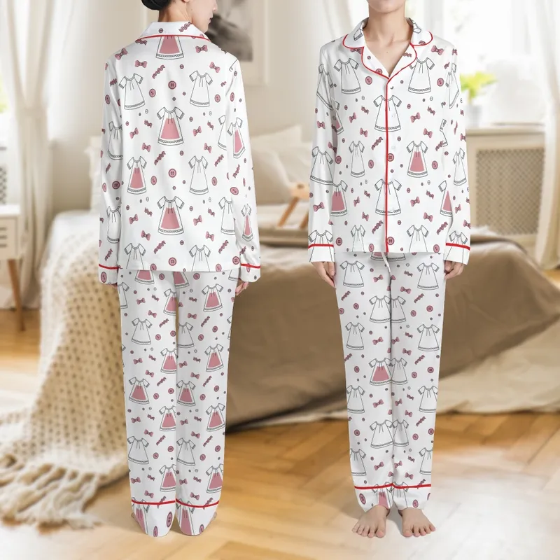 Girls' Playful Line Art Pajama Set: Minimalist Bow & Button Dusty Pink Nightwear Motif Satin Pajamas Set - 1