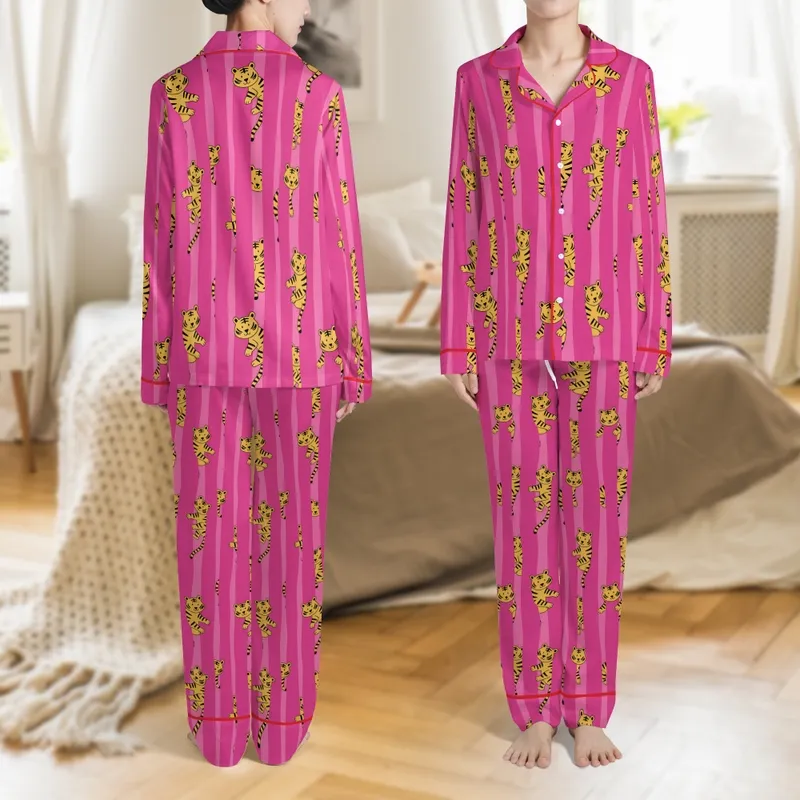 Indian Cotton Women's Fuchsia Pink Hand Block Print Tiger Stripe Pajamas Set Satin Pajamas Set - 1