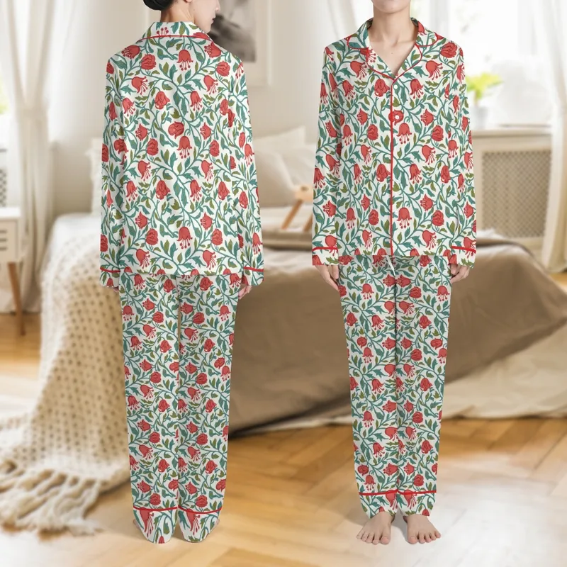 Women's Hand Block Printed Coral Red Bellflower Teal Leaf Pure Cotton Sleepwear Set Satin Pajamas Set - 1
