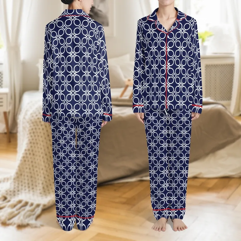 Elegant White Flowing Ribbon Loops on Deep Navy Design Satin Pajamas Set - 1