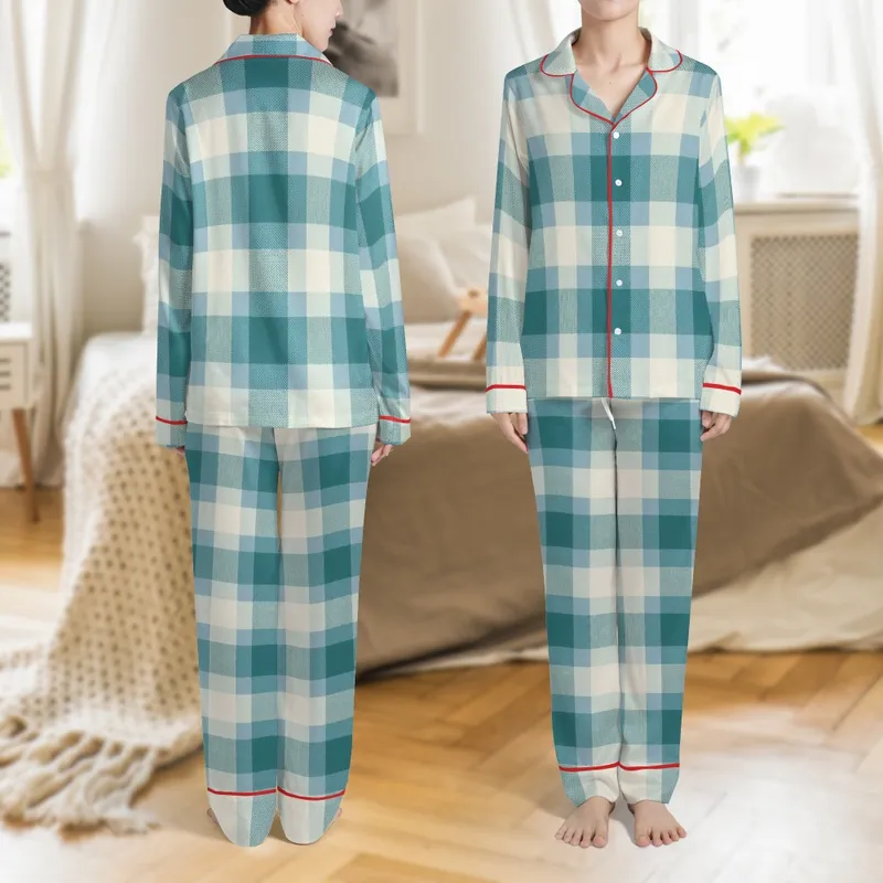 Men's Pajama Sewing Pattern: Cozy Plaid Sky Blue & Teal Buffalo Check Loungewear PDF Satin Pajamas Set - 1
